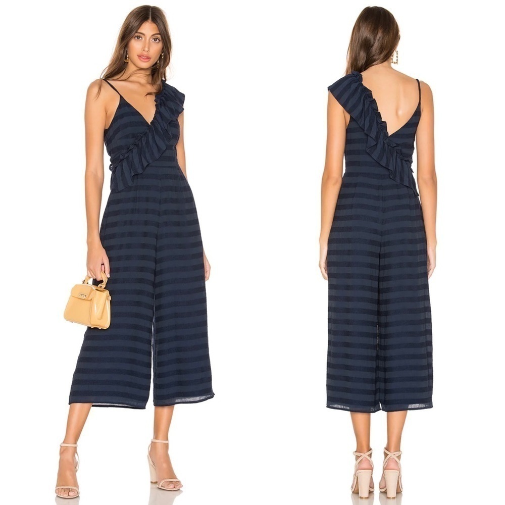 Tularosa Navy Blue Striped Ruffle Florence Cropped Jumpsuit